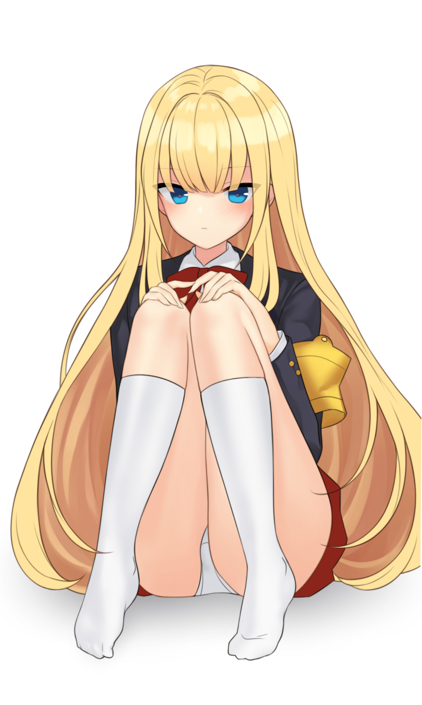 1girl absurdres bad_id bad_pixiv_id blazer blue_eyes blush cardinal_armand hands_on_own_knees highres jacket kbn317 kneehighs last_origin long_hair looking_at_viewer no_shoes panties pantyshot school_uniform simple_background sitting skirt socks solo underwear upskirt very_long_hair white_background white_panties white_socks