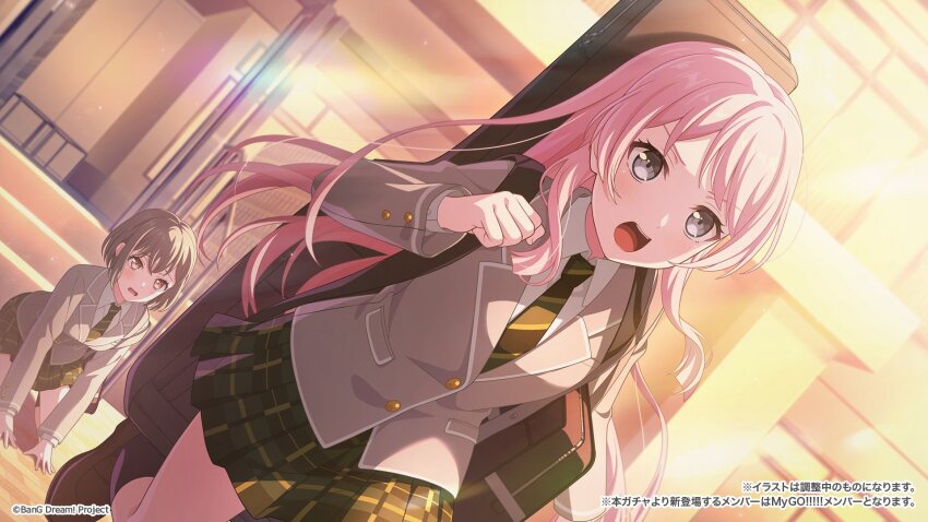 2girls bag bang_dream! bang_dream!_it&#039;s_mygo!!!!! black_bag black_socks blush brown_hair brown_shoes chihaya_anon commentary_request diagonal-striped_clothes diagonal-striped_necktie fang green_necktie green_skirt grey_eyes grey_hair grey_jacket guitar_case haneoka_school_uniform highres instrument_case instrument_on_back jacket kneehighs kneeling loafers long_hair multiple_girls necktie official_art open_mouth pink_hair plaid_clothes plaid_skirt pleated_skirt running school_bag school_uniform shoes short_hair shoulder_bag skirt socks striped_clothes takamatsu_tomori teeth upper_teeth_only