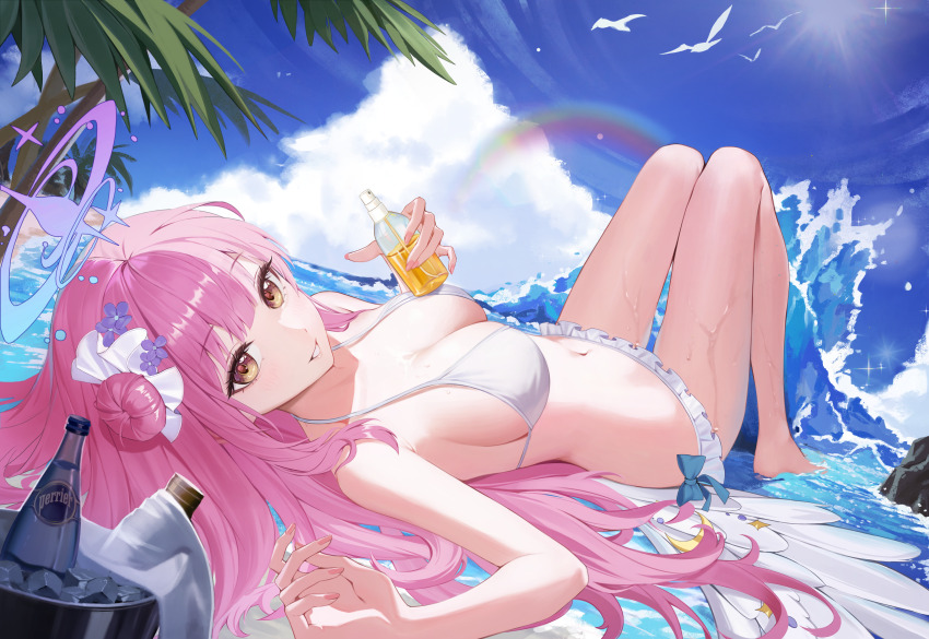 1girl absurdres beach bikini bird blue_archive blue_bow blue_sky bottle bow breasts bucket cloud cloudy_sky commentary crescent day feathered_wings fingernails flower frilled_bikini frills hair_bun hair_flower hair_ornament hair_ribbon halo highres holding holding_bottle ice ice_cube knees_up large_breasts long_hair looking_at_viewer low_wings lying mika_(blue_archive) nail_polish navel on_back outdoors palm_tree perrier_(brand) pink_hair pink_halo pink_lips pink_nails purple_flower rainbow revision ribbon rock seagull single_side_bun sky smile sohan_(sohan_416) stomach sunlight swimsuit thighs tree waves white_bikini white_ribbon white_wings wings yellow_eyes