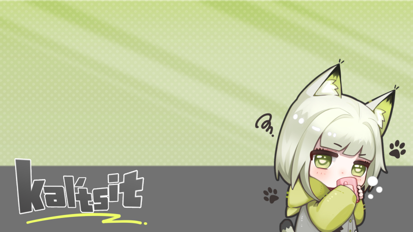 1girl absurdres animal_ear_fluff animal_ears arknights blush character_name chibi cup green_background green_eyes grey_background grey_hair grey_jacket hairtail highres holding holding_cup hood hood_down hooded_jacket jacket kal&#039;tsit_(arknights) long_sleeves looking_at_viewer mug polka_dot polka_dot_background puffy_long_sleeves puffy_sleeves sleeves_past_wrists solo squiggle tail two-tone_background upper_body