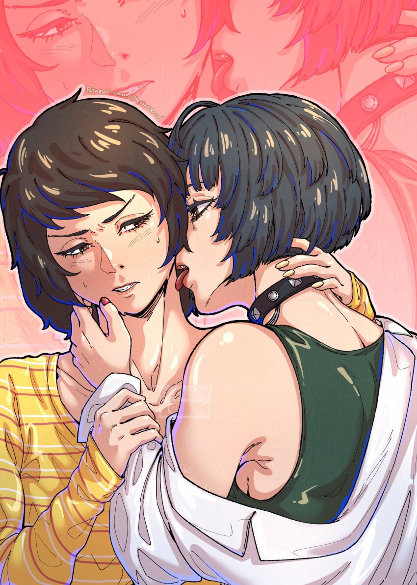 2girls armpits black_hair blush breasts brown_eyes brown_hair choker chuckuddin coat collar collarbone green_undershirt hand_on_another&#039;s_face hand_on_another&#039;s_neck highres holding_another&#039;s_wrist kawakami_sadayo lab_coat licking licking_another&#039;s_neck long_sleeves multiple_girls nail_polish open_mouth patreon_username persona persona_5 persona_5_the_royal red_eyes red_nails shirt short_hair sideboob striped_clothes striped_shirt studded_choker sweat sweater takemi_tae tongue tongue_out white_coat yellow_nails yellow_sweater yuri