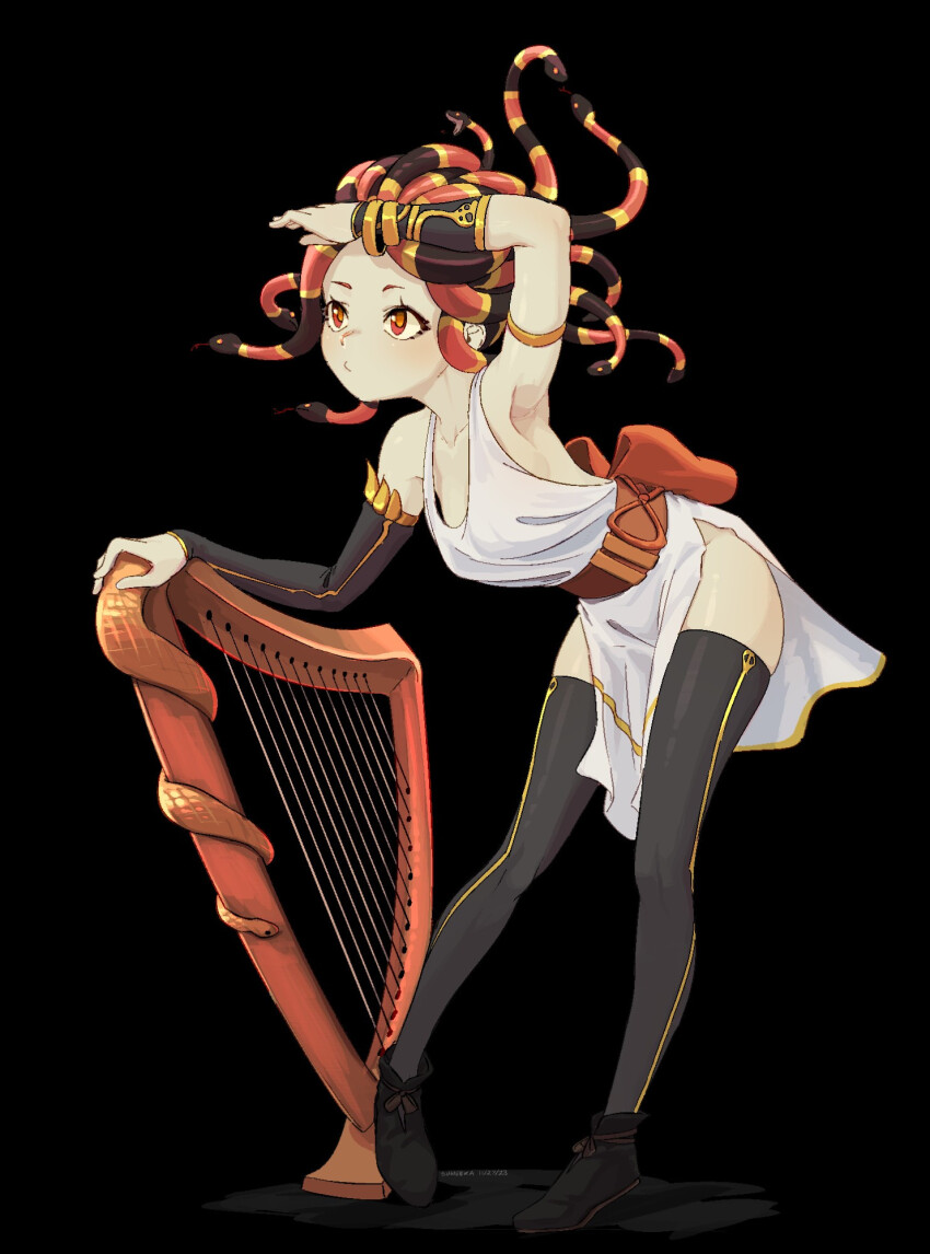 ancient_greek_clothes commentary coral_snake_medusa_(suweeka) english_commentary gauntlets greco-roman_clothes greek_mythology harp highres instrument medusa_(mythology) original red_eyes ribbon snake_hair suweeka yellow_pupils yellow_ribbon