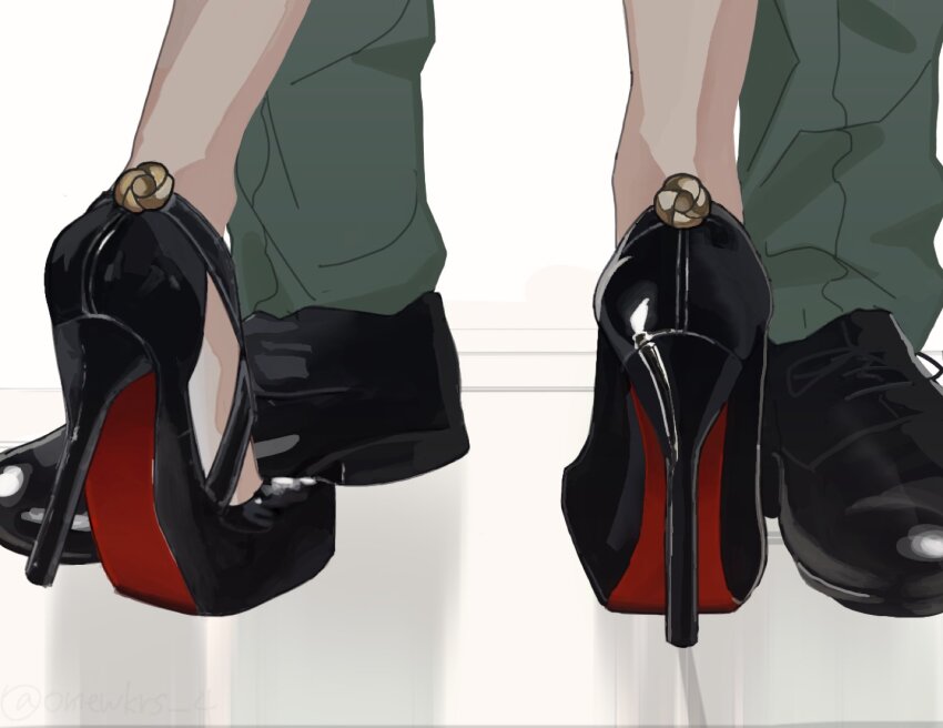 1boy 1girl aqua_pants black_shoes christian_louboutin_(brand) commentary feet foot_focus high_heels highres out_of_frame pants patent_heels pumps red_soles roku_(omewkrs_4) shoes spy_x_family stiletto_heels twilight_(spy_x_family) twitter_username yor_briar