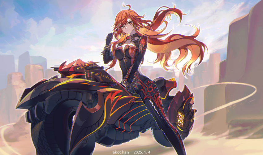 1girl absurdres ahoge akochan artist_name biker_clothes bikesuit black_bodysuit black_gloves bodysuit breasts cleavage cliff closed_mouth colored_inner_hair commentary_request dated day earrings feet_out_of_frame flamestrider_(genshin_impact) floating_hair genshin_impact gloves hand_up highres holding holding_removed_eyewear large_breasts long_hair long_sleeves looking_at_viewer mavuika_(genshin_impact) motor_vehicle motorcycle multicolored_hair on_motorcycle orange_eyes orange_hair outdoors partially_unzipped red_hair sitting solo sun_earrings sunglasses symbol_in_eye unworn_eyewear yellow_pupils