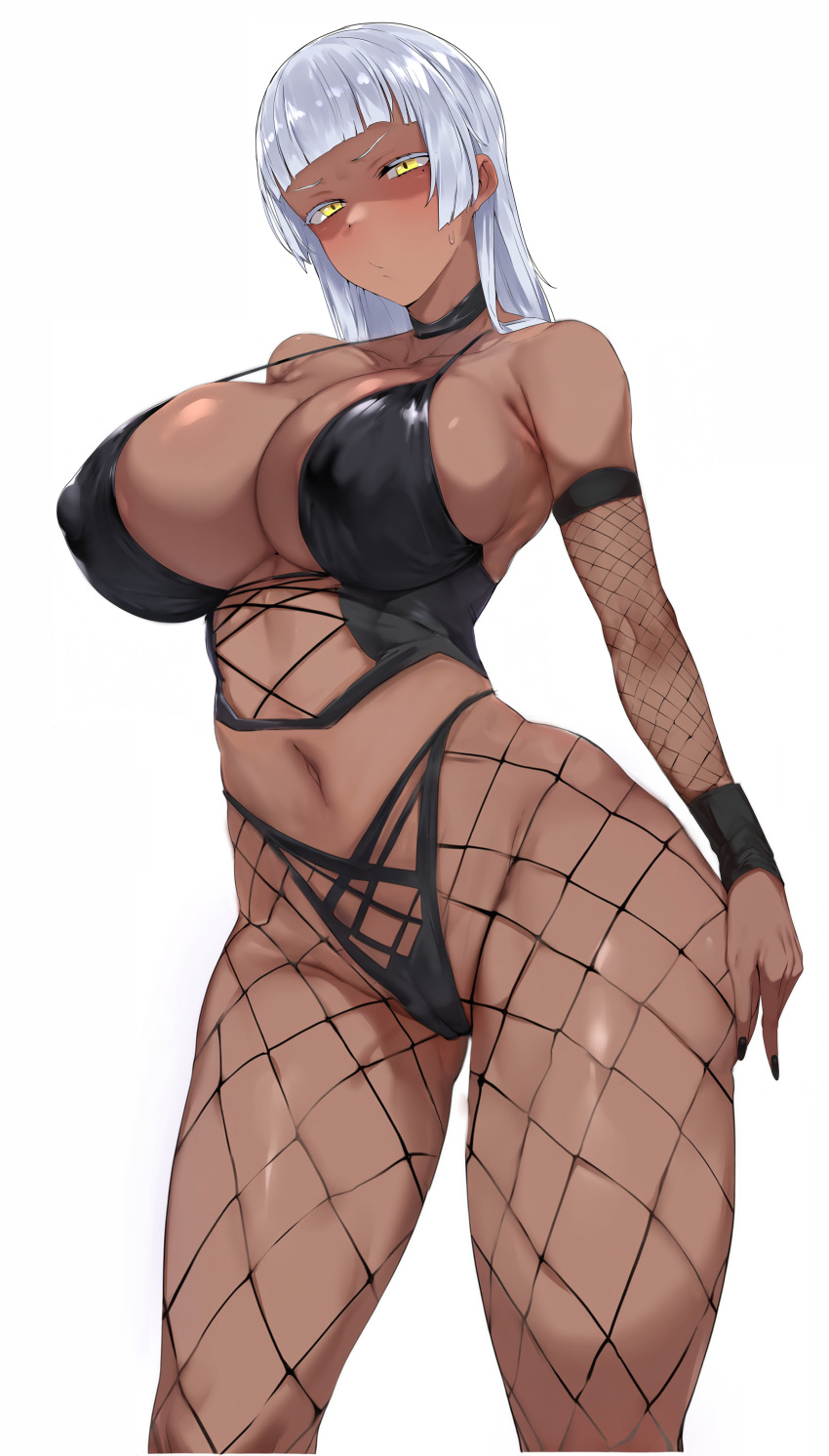 1girl absurdres ass black_choker breasts character_request choker colored_eyelashes covered_erect_nipples cowboy_shot cross-laced_clothes cross-laced_top dark-skinned_female dark_skin detached_sleeves fishnet_pantyhose fishnet_sleeves fishnets hand_on_own_ass highleg highres huge_ass large_breasts midriff mousekkk navel pantyhose partially_shaded_face puckered_lips solo sweat white_hair xiuxian:_mu_zhu_chuan yellow_eyes