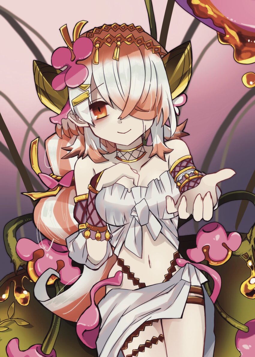 1girl armlet bare_shoulders breasts collarbone duel_monster flower front-tie_top hair_flower hair_ornament hair_over_one_eye hand_on_own_chest highres jewelry large_breasts long_hair midriff multicolored_hair navel nectar pink_flower reaching reaching_towards_viewer red_eyes sarong sitting smile solo strapless thighlet thighs traptrix_pinguicula tube_top two-tone_hair uni_(u2cream) very_long_hair white_tube_top wristband yu-gi-oh!
