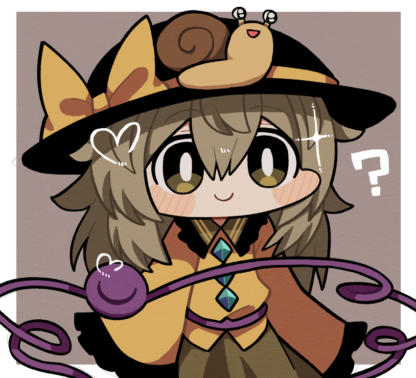 1girl ? animal animal_on_head black_hat blush border bright_pupils brown_background buttons closed_mouth diamond_(shape) diamond_button frilled_shirt frilled_shirt_collar frilled_sleeves frills green_eyes green_hair green_skirt hair_between_eyes happy hat hat_ornament hat_ribbon heart highres jaggy_lines komeiji_koishi long_hair long_sleeves on_head open_mouth outside_border ribbon shell shirt simple_background skirt sleeves_past_fingers sleeves_past_wrists smile snail snail_on_head snail_shell solo sparkle third_eye touhou white_border white_pupils wide_sleeves yellow_ribbon yellow_shirt zunusama