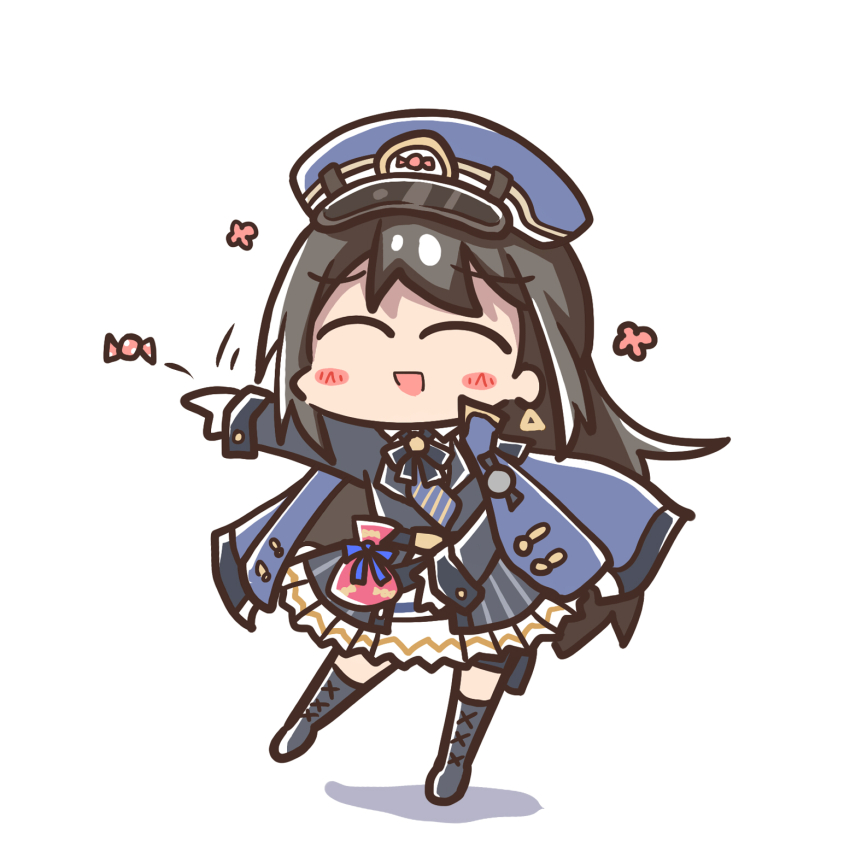 1girl :d aoblue blue_jacket blue_necktie blush brown_hair chibi closed_eyes collared_shirt diesel_(nikke) earrings gloves goddess_of_victory:_nikke hair_between_eyes hat highres jacket jacket_on_shoulders jewelry long_hair military_hat military_jacket military_uniform necktie open_clothes open_jacket open_mouth peaked_cap pleated_skirt shirt sidelocks skirt smile solo striped_necktie triangle_earrings white_gloves white_skirt
