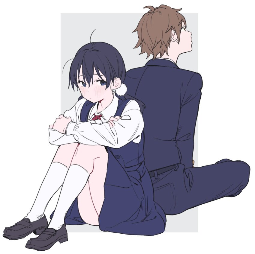 1boy 1girl ahoge black_footwear black_hair blue_dress blue_eyes blue_jacket blue_pants blush brown_hair closed_mouth collared_shirt crossed_arms crossed_legs dress hair_ornament highres jacket kitashirakawa_tamako kneehighs loafers long_hair long_sleeves looking_at_another low_twintails messy_hair mole mole_on_neck momokumo ooji_mochizou pants pinafore_dress pom_pom_(clothes) pom_pom_hair_ornament red_ribbon ribbon school_uniform shirt shoes short_hair simple_background sitting sleeveless sleeveless_dress socks tamako_love_story tamako_market twintails white_shirt white_socks