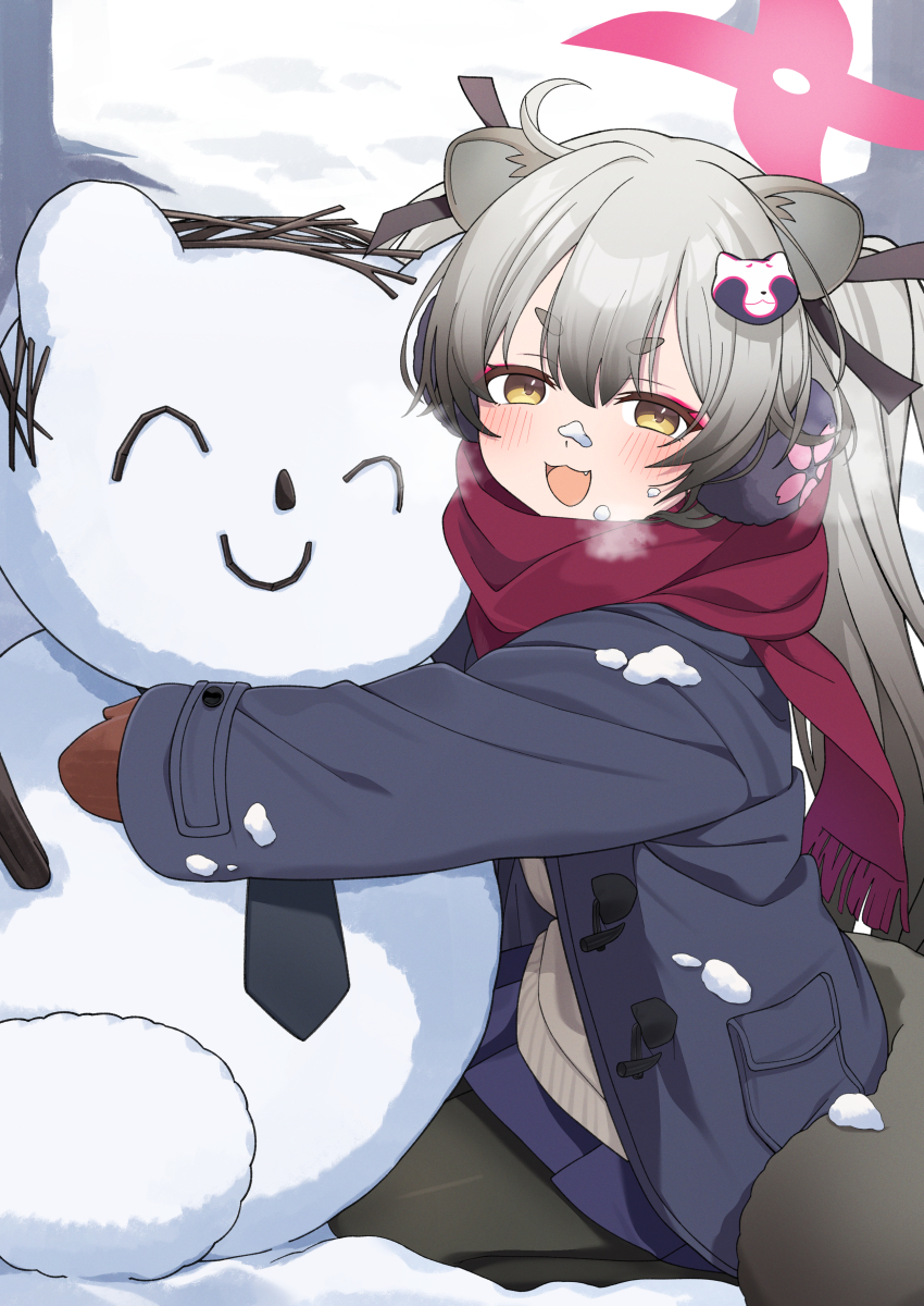 1girl :d absurdres animal_ears black_pantyhose blue_archive blush coat grey_hair hair_ornament halo highres hiroikara_(smhong04) long_hair long_sleeves looking_at_viewer michiru_(blue_archive) open_mouth pantyhose pink_halo raccoon_ears raccoon_girl raccoon_hair_ornament raccoon_tail red_scarf scarf short_eyebrows sitting skirt sleeves_past_wrists smile snow snowman solo tail