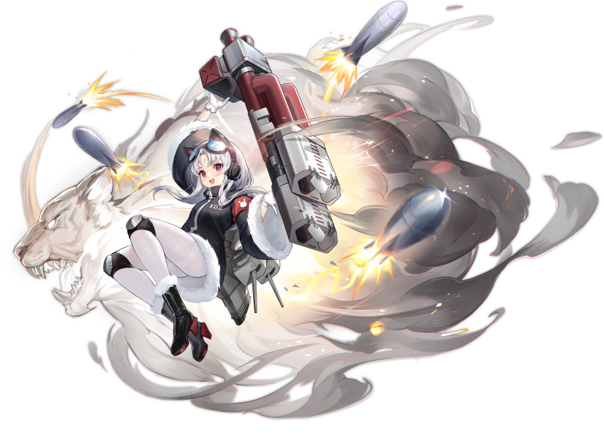 1girl alisa_(kuro_no_sakura) arm_up azur_lane black_coat blush blush_stickers boots chang_chun_(azur_lane) chang_chun_(retrofit)_(azur_lane) coat full_body fur-trimmed_boots fur-trimmed_coat fur_trim gloves goggles goggles_on_head headphones high_heel_boots high_heels highres holding holding_weapon legs legs_folded long_hair looking_at_viewer mechanical_ears official_art pantyhose pink_eyes pout retrofit_(azur_lane) rigging rocket rocket_launcher silver_hair smile solo teeth thighs tiger tongue tongue_out transparent_background upper_teeth_only weapon white_gloves white_pantyhose wide_sleeves