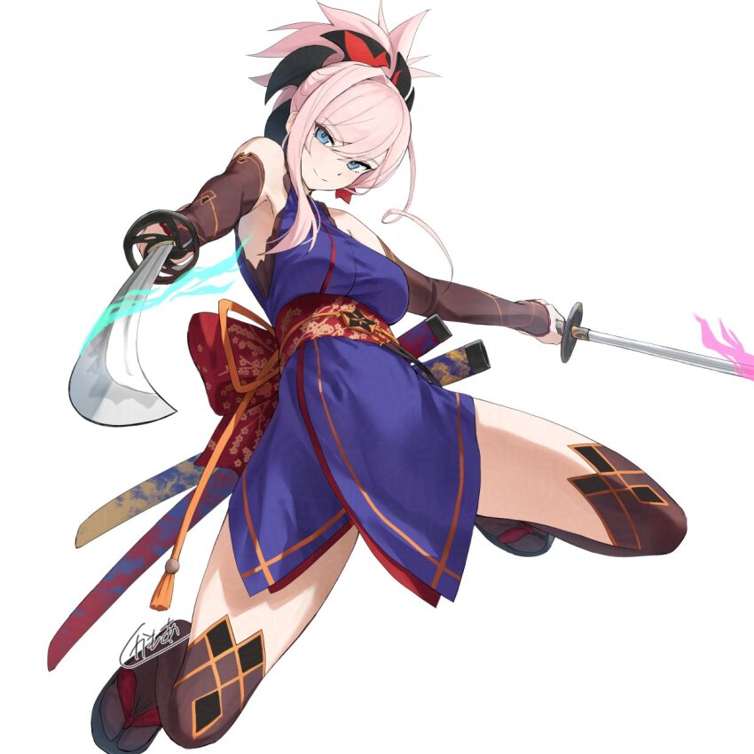 1girl blue_eyes blue_kimono breasts detached_sleeves earrings fate/grand_order fate_(series) hair_ornament highres japanese_clothes jewelry kamo_ashi katana kimono large_breasts long_hair looking_at_viewer miyamoto_musashi_(fate) obi pink_hair ponytail sash short_kimono sleeveless sleeveless_kimono smile solo swept_bangs sword thighhighs weapon