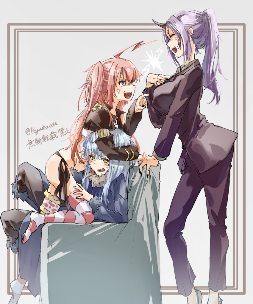 1other 2girls anger_vein black_panties blue_eyes blue_hair blue_jacket breast_envy breasts business_suit closed_eyes couch demon_horns formal_clothes highres horns jacket large_breasts long_hair milim_nava multiple_girls panties pink_hair pink_thighhighs poyuiko_oekk purple_hair rimuru_tempest shion_(tensura) suit tensei_shitara_slime_datta_ken thighhighs underwear white_background white_thighhighs yellow_eyes