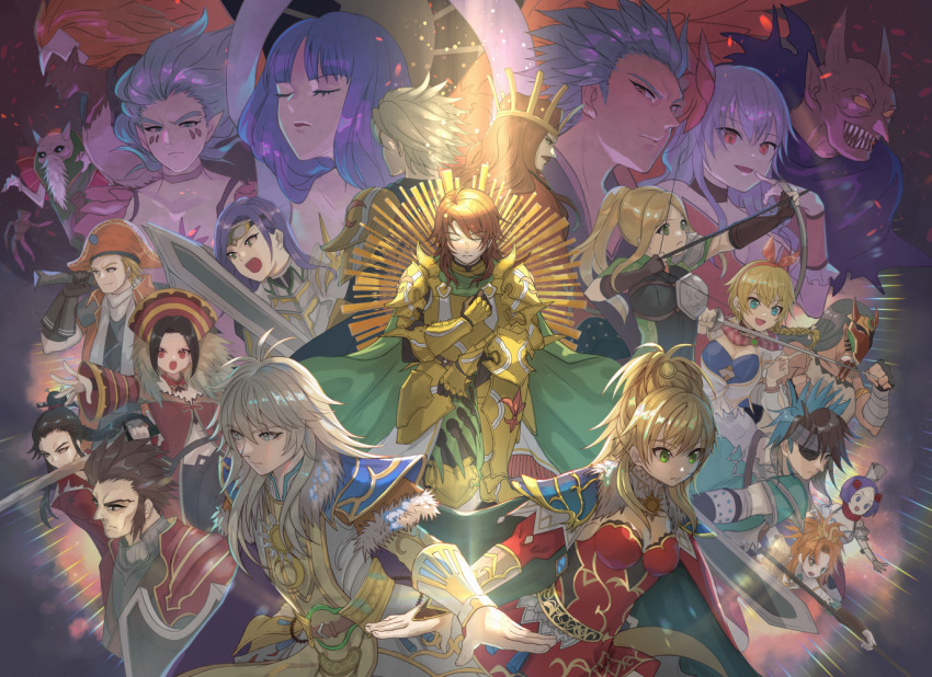 6+boys 6+girls aiming armor arrow_(projectile) black_hair blonde_hair blue_eyes bow_(weapon) brown_hair cape cat_(romancing_saga_2) character_request closed_eyes coppelia_(romancing_saga_2) crown dantarg emerald_(romancing_saga_2) eyepatch facial_hair fingerless_gloves flower gellard_(romancing_saga_2) gloves green_eyes grey_hair hair_flower hair_ornament hat hector_(romancing_saga_2) henrique_(romancing_saga_2) holding holding_bow_(weapon) holding_sword holding_weapon james_(romancing_saga_2) juubei_(romancing_saga_2) karl_(romancing_saga_2) leon_(romancing_saga_2) mask mini_hat mini_top_hat momoko_(nihontou) multiple_boys multiple_girls mustache open_mouth orange_hair pointy_ears ponytail protagonist_(romancing_saga_2) purple_hair red_eyes red_flower romancing_saga_2 saga sharp_teeth shield sword teeth the_final_emperor the_final_empress therese_(romancing_saga_2) top_hat weapon