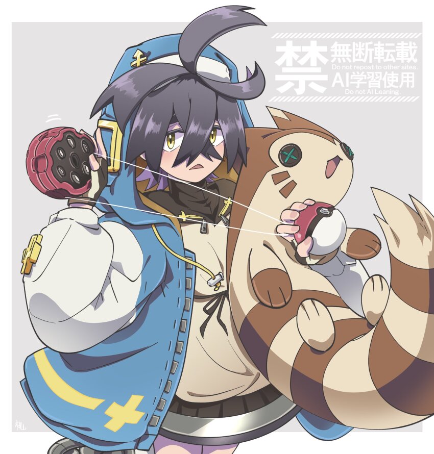1boy androgyne_symbol black_hair black_skirt bridget_(guilty_gear) bridget_(guilty_gear)_(cosplay) commentary_request cosplay fingerless_gloves gen_2_pokemon gloves guilty_gear guilty_gear_strive gyakutenndokei2 hands_up highres holding holding_poke_ball hood hood_up hooded_jacket hoodie jacket kieran_(pokemon) long_sleeves looking_at_viewer male_focus nintendo open_clothes open_hoodie poke_ball poke_ball_(basic) pokemon pokemon_sv sentret skirt solo thighs trap triangle_mouth yellow_eyes yo-yo