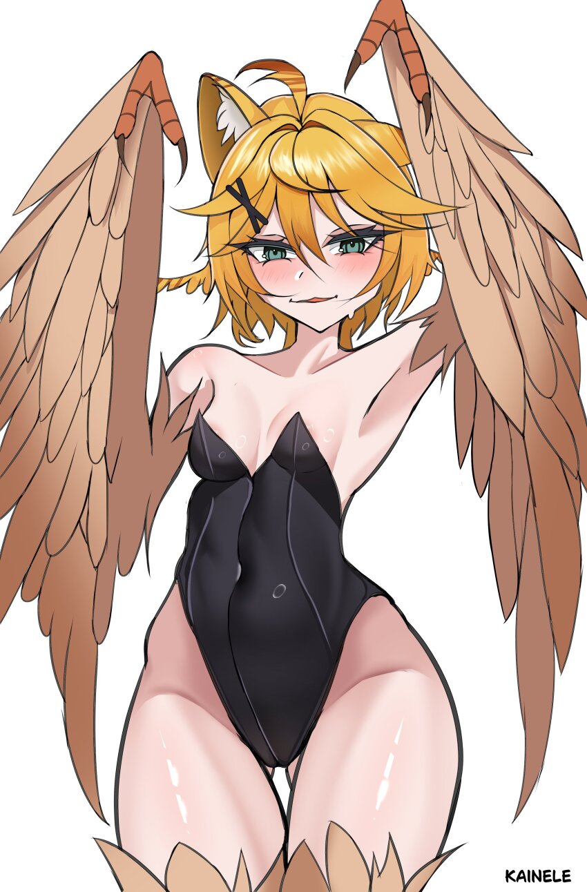 1girl absurdres ahoge animal_ears artist_name bird_legs black_leotard blonde_hair blush breasts brown_feathers brown_wings cat_ears claws commentary covered_navel dokibird_(vtuber) feather_hair feathered_wings feathers green_eyes hair_between_eyes hair_ornament harpy highleg highleg_leotard highres indie_virtual_youtuber kainele leotard long_hair looking_at_viewer monster_girl open_mouth simple_background small_breasts smile solo virtual_youtuber white_background winged_arms wings