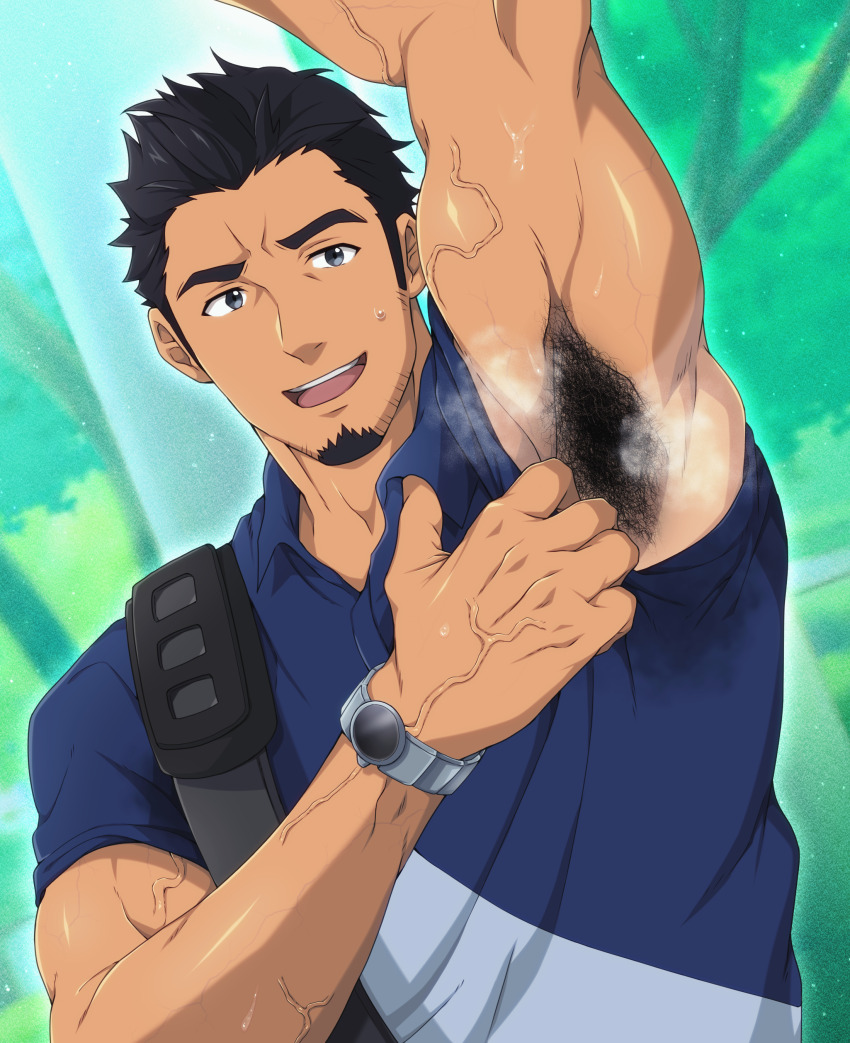 1boy absurdres arm_up armpit_focus armpit_hair armpits bara biceps black_hair excessive_armpit_hair facial_hair goatee highres kurazon_(climb_zombie) makio_nakano male_focus manly muscular muscular_male neko_ga_kureta_maarui_shiawase open_mouth presenting_armpit shirt solo stained_clothes sweat sweat_stain thick_eyebrows upper_body veins veiny_arms veiny_hands watch wristwatch