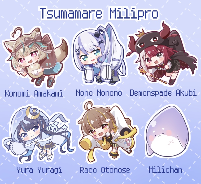 5girls :d ^_^ absurdres ahoge akubi_demonspade amakami_konomi animal_ears aqua_eyes aqua_hair bandeau black_footwear black_hair black_hat black_shorts black_skirt blonde_hair blue_background blue_eyes blue_hair blue_skirt blunt_bangs brown_eyes brown_hair character_name chibi chibi_only claw_pose closed_eyes commentary_request criss-cross_halter dotted_line drooling eighth_note fang fortissimo grey_hair grid_background hair_ornament halterneck hat headphones headphones_around_neck heart heart_ahoge heterochromia highres hood hood_up horned_hat kiryu_(sora_no_iroto) long_hair looking_at_viewer milichan million_production miniskirt multicolored_hair multiple_girls musical_note musical_note_hair_ornament nonono_nono open_mouth orange_eyes otonose_raco otter_ears otter_girl otter_tail outline pink_eyes pixel_text pleated_skirt purple_hair red_eyes shoes shorts sidelocks skin_fang skirt smile sneakers split-color_hair streaked_hair tail v-shaped_eyebrows virtual_youtuber white_bandeau white_outline wolf_ears wolf_girl wolf_tail x_hair_ornament yuragi_yura