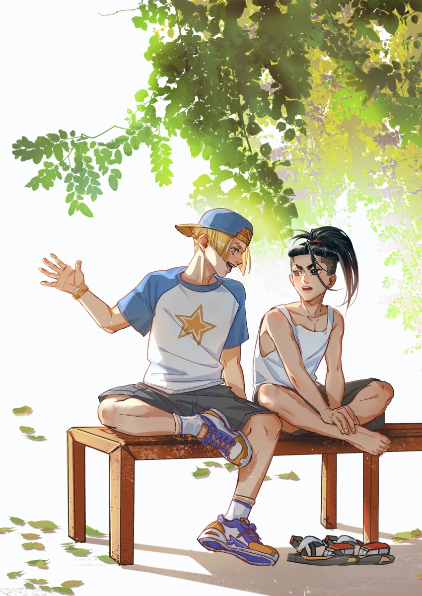 2boys absurdres aged_down arm_up backwards_hat baseball_cap black_hair black_shorts blonde_hair brown_eyes chinese_commentary collarbone commentary_request forked_eyebrows hand_on_own_foot hat highres indian_style jamie_siu lingdianqizidongqianbi long_hair looking_at_another looking_to_the_side luke_sullivan male_focus multiple_boys open_mouth outdoors ponytail print_shirt sandals shirt shoes short_hair shorts sitting sky sneakers socks star_(symbol) street_fighter street_fighter_6 t-shirt tank_top teeth tree unworn_shoes upper_teeth_only watch white_socks white_tank_top wristwatch