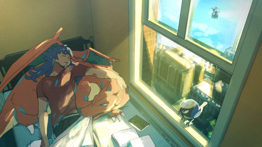 1boy bed bird book building charizard claws closed_eyes commentary_request corviknight dark-skinned_male dark_skin day facial_hair gen_1_pokemon gen_8_pokemon indoors leon_(pokemon) long_hair male_focus nintendo on_bed pokemon pokemon_(creature) pokemon_swsh purple_hair red_shirt rookidee shirt short_sleeves sleeping suruga_dbh under_covers window