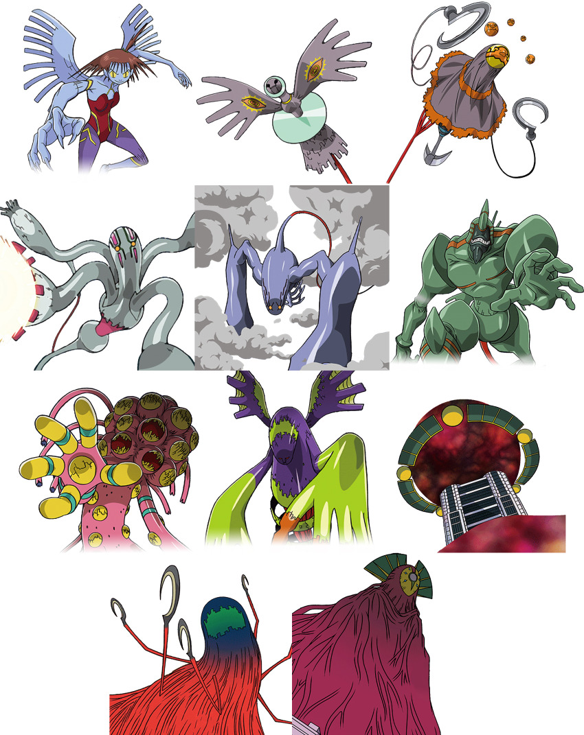 absurdres breasts corruption d-reaper d-reaper_adr-01 d-reaper_adr-02 d-reaper_adr-03 d-reaper_adr-04 d-reaper_adr-05 d-reaper_adr-06 d-reaper_adr-07 d-reaper_adr-08 d-reaper_adr-09 d-reaper_zone digimon digimon_card_game highres katou_juri looking_at_viewer monster monster_girl mother_d-reaper official_art open_mouth reaper_(digimon) sharp_teeth sickle simple_background smoke teeth tentacles white_background wings yellow_eyes