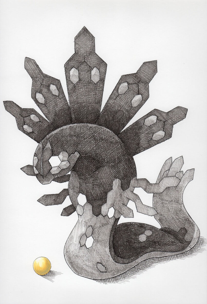 ball full_body gen_6_pokemon gold greyscale highres legendary_pokemon monochrome nintendo nugget_(pokemon) pokemon pokemon_(creature) simple_background spot_color traditional_media white_background yuka_(yukaaaaaaa0705) zygarde zygarde_(50)