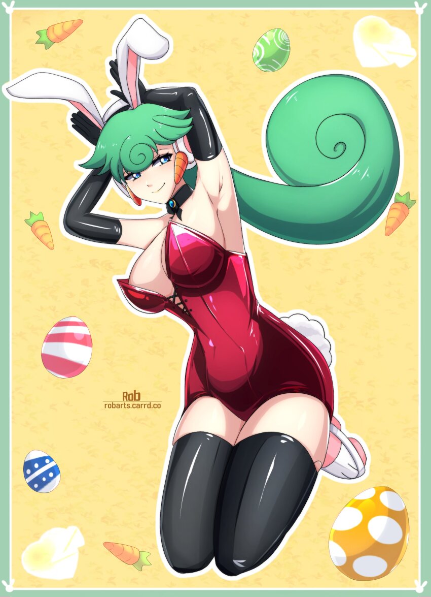 1girl absurdres animal_ears armpits axasempai bare_shoulders black_thighhighs blue_eyes border breasts carrot cleavage easter_egg egg fake_animal_ears fake_tail full_body green_border green_hair highres large_breasts leotard long_hair marino_(mega_man) mega_man_(series) mega_man_x:_command_mission mega_man_x_(series) playboy_bunny rabbit_ears rabbit_tail red_leotard solo strapless strapless_leotard tail thighhighs yellow_background