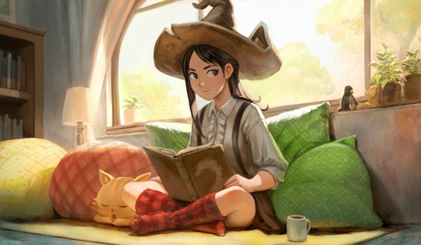 1girl black_hair book bookshelf brown_skirt cat commentary couch cup david_revoy english_commentary flower flower_pot highres holding holding_book indian_style krita_(medium) lamp long_hair looking_to_the_side mug on_couch open_book orange_cat pepper&amp;carrot pepper_(pepper&amp;carrot) pillow plaid_clothes plaid_pillow plaid_socks pointy_hat red_socks shirt sitting skirt socks sunlight suspender_skirt suspenders tux white_shirt window