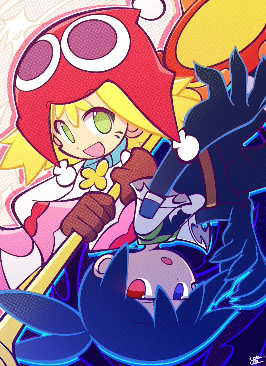 1boy 1girl :d :o absurdres amitie_(puyopuyo) black_sig blonde_hair blue_eyes blue_hair character_hat dark_blue_hair day_and_night deformed fingernails green_eyes halftone hand_up hat heterochromia highres holding holding_staff leslietheluna looking_to_the_side multicolored_background no_pupils official_style open_mouth oversized_limbs polar_opposites pom_pom_hat_ornament puyopuyo puyopuyo_20th_anniversary red_amitie red_eyes red_hat scanlines sharp_fingernails sig_(puyopuyo) signature smile split_screen staff two-handed