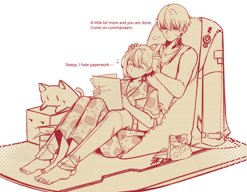 2boys absurdres commandant_(pgr) dochikun english_text highres image_sample lee:_entropy_(pgr) lee_(pgr) multiple_boys pajamas pixiv_sample punishing:_gray_raven sitting yaoi