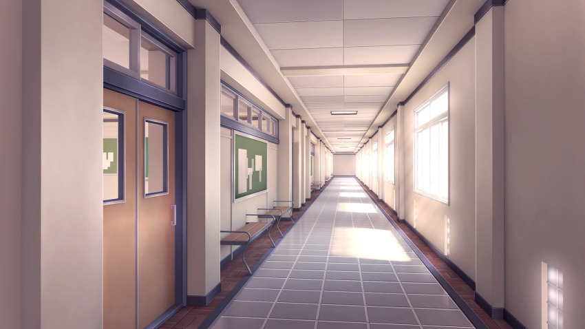 bench brick_floor bulletin_board ceiling ceiling_light chalkboard commentary day doki_doki_literature_club door door_handle english_commentary floor game_cg hallway highres indoors no_humans non-web_source school sunlight tile_ceiling tile_floor tiles velinquent window window_shadow wooden_door