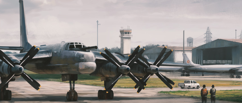 2boys ace_(playing_card) ace_combat aircraft card cloud cloudy_sky commentary_request control_tower day from_behind grass mikado_(winters) motor_vehicle multiple_boys outdoors playing_card propeller runway sky standing truck tu-95