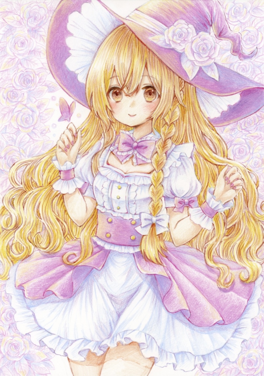 1girl alternate_costume alternate_headwear_color blonde_hair blush bow bowtie braid breasts bug butterfly cleavage closed_mouth colored_pencil_(medium) commentary flower hair_bow hat hat_flower highres insect kirisame_marisa lily_k_oekaki long_hair pink_bow pink_bowtie pink_flower pink_hat pink_nails pink_rose puffy_short_sleeves puffy_sleeves rose short_sleeves side_braid single_braid sleeve_bow smile solo touhou traditional_media very_long_hair white_bow witch_hat wrist_cuffs yellow_eyes