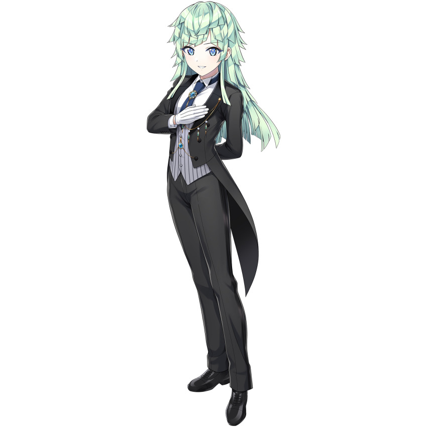 1girl black_pants black_suit blue_eyes blue_necktie breasts butler crossdressing crossdressing_(ftm) diagonal_bangs dolphin_wave female_butler formal_clothes game_cg gloves green_hair highres kishimen_hair long_hair looking_at_viewer necktie non-web_source official_art ootomo_takuji pants selena_lewis smile solo suit tailcoat teeth transparent_background tuxedo tuxedo_shirt white_gloves