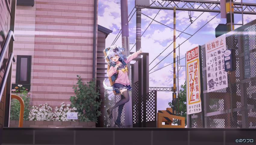 1boy aqua_hair black_ribbon black_shoes black_thighhighs blue_skirt blue_sky building bush cloud crossdressing crossdressing_(mtf) dog_hair_ornament dog_tail flower guitar_case hair_ornament hair_ribbon instrument_case inuyama_tamaki jacket loafers male_focus miniskirt noripro official_art okanoyuno open_mouth pleated_skirt pointing pointing_up purple_jacket ribbon scenery school_uniform serafuku shoes sign skirt sky solo tail thighhighs trap virtual_youtuber window yellow_eyes yellow_ribbon