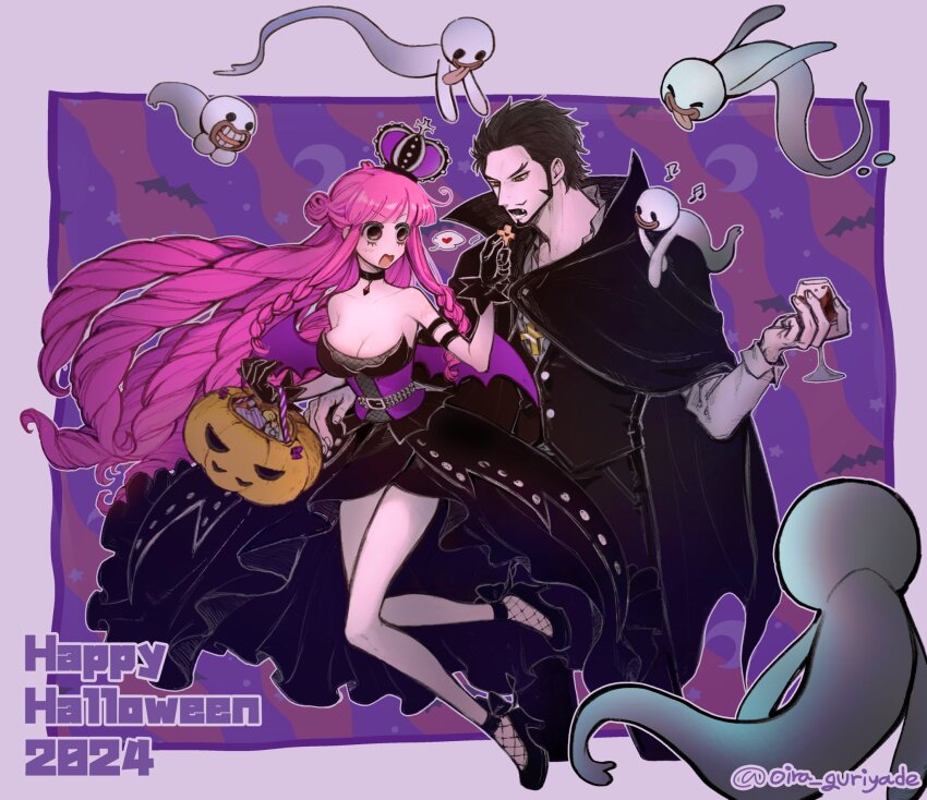 1boy 1girl 2024 armlet bat_(animal) beard black_choker black_cloak black_dress black_gloves black_pants black_vest blunt_bangs breasts candy choker cleavage cloak commentary crown cup dracule_mihawk dress drill_hair facial_hair food full_body ghost gloves happy_halloween high_heels highres holding holding_cup jewelry korean_commentary long_hair mixed-language_commentary musical_note mustache oira_guriyade one_piece pants perona pumpkin short_hair strapless strapless_dress twitter_username very_long_hair vest