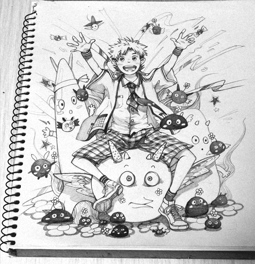 1boy arms_up banban953 breast_pocket buttons candy chinese_commentary collared_shirt commentary_request floating_clothes flower food full_body greyscale happy highres jacket light_blush looking_at_viewer male_focus messy_hair monochrome monster open_clothes open_jacket open_mouth original photo_(medium) plaid_clothes plaid_shorts pocket polka_dot_neckerchief shirt shoes short_hair short_sleeves shorts sitting smile sneakers socks solo star_(symbol) streamers striped_wristband tareme teeth traditional_media wristband