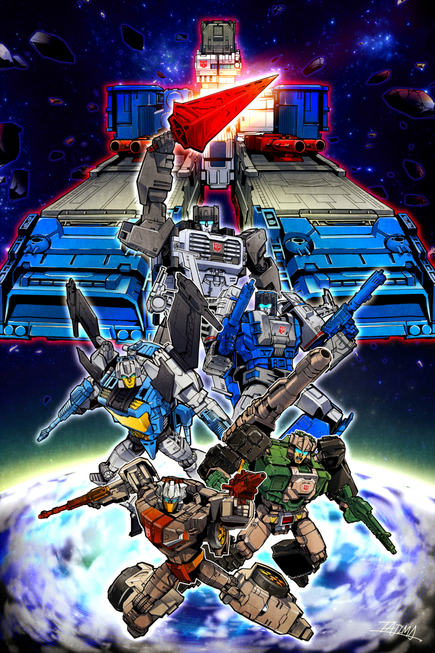 1980s_(style) 5boys absurdres autobot blue_eyes brainstorm_(transformers) cannon chromedome commentary_request fighting_stance fortress_maximus glowing glowing_eyes gun hardhead hardhead_(transformers) highbrow_(transformers) highres holding holding_gun holding_weapon insignia looking_at_viewer multiple_boys no_humans oldschool open_mouth outdoors retro_artstyle spacecraft standing sword tajima_0109 transformers transformers:_the_headmasters weapon wheel