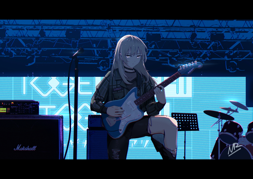 1girl absurdres amplifier black_choker black_pants chinese_commentary choker closed_mouth commentary_request drum drum_set earclip electric_guitar fender_jazzmaster girls_band_cry grey_eyes grey_hair guitar highres instrument kawaragi_momoka letterboxed long_sleeves looking_at_viewer marshall_amplification microphone microphone_stand music_stand nanoram pants playing_guitar playing_instrument solo stage standing torn_clothes torn_pants