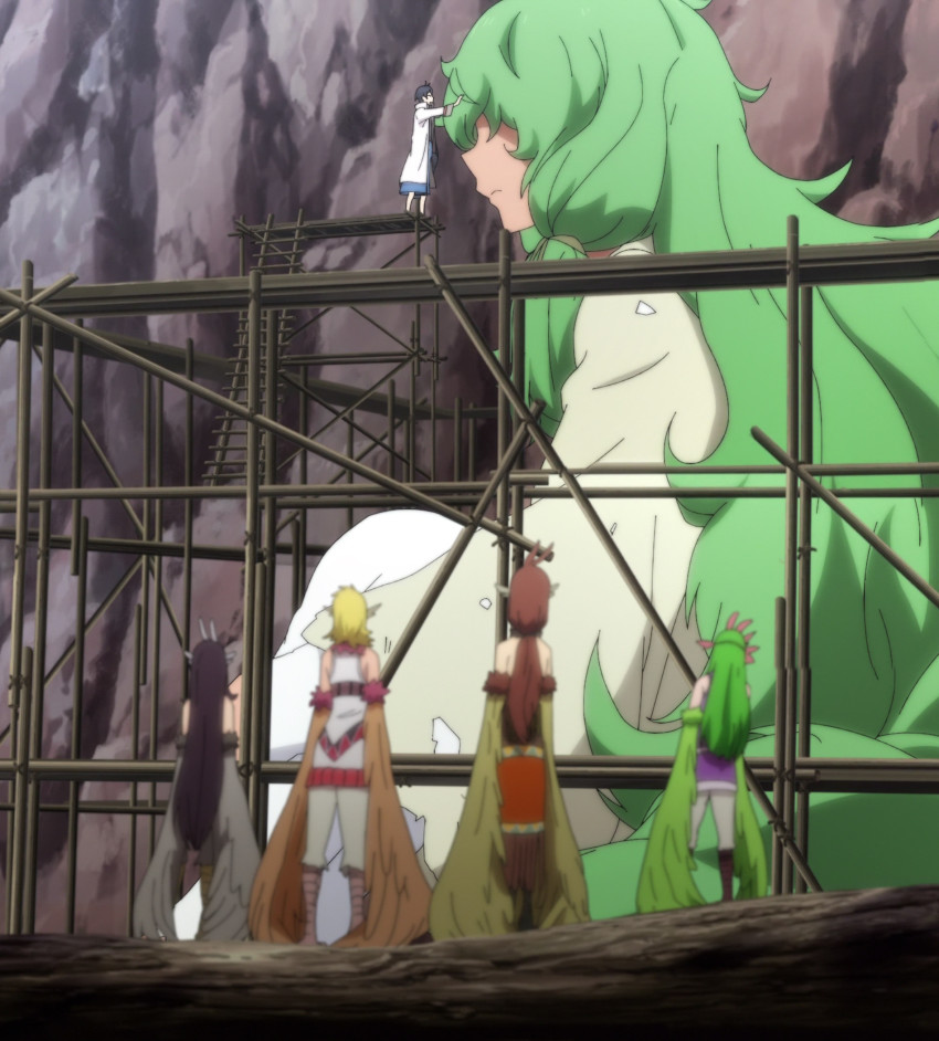 1boy dione_nephilim giant giantess glenn_litbeit green_hair harpy highres monster_girl monster_musume_no_oisha-san multiple_girls