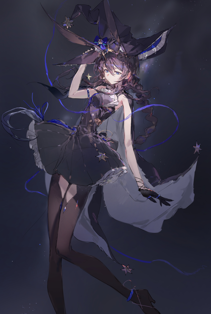 1girl absurdres ambience_synesthesia amiya_(arknights) amiya_(medic)_(arknights) amiya_(medic)_(solo_around_the_world)_(arknights) animal_ears arknights armlet black_background black_cape black_dress black_gloves black_hat blue_eyes blue_ribbon brown_hair brown_pantyhose cape chinese_commentary closed_mouth clothes_writing clothing_cutout commentary_request dress ears_through_headwear expressionless gloves grey_cape hair_between_eyes hat highres jewelry light_particles long_hair multiple_rings official_alternate_costume pantyhose qingfeng_canying ribbon ring solo thigh_cutout two-sided_cape two-sided_fabric witch_hat