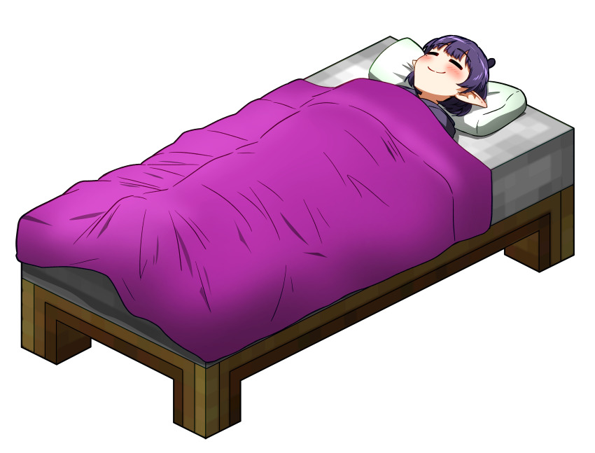 1girl =_= absurdres blush commentary ddolbang english_commentary highres hololive hololive_english hood hoodie lying minecraft mole mole_under_eye ninomae_ina&#039;nis ninomae_ina&#039;nis_(loungewear) official_alternate_costume on_back on_bed pillow pointy_ears purple_hair purple_hoodie short_hair sleeping smile transparent_background under_covers virtual_youtuber