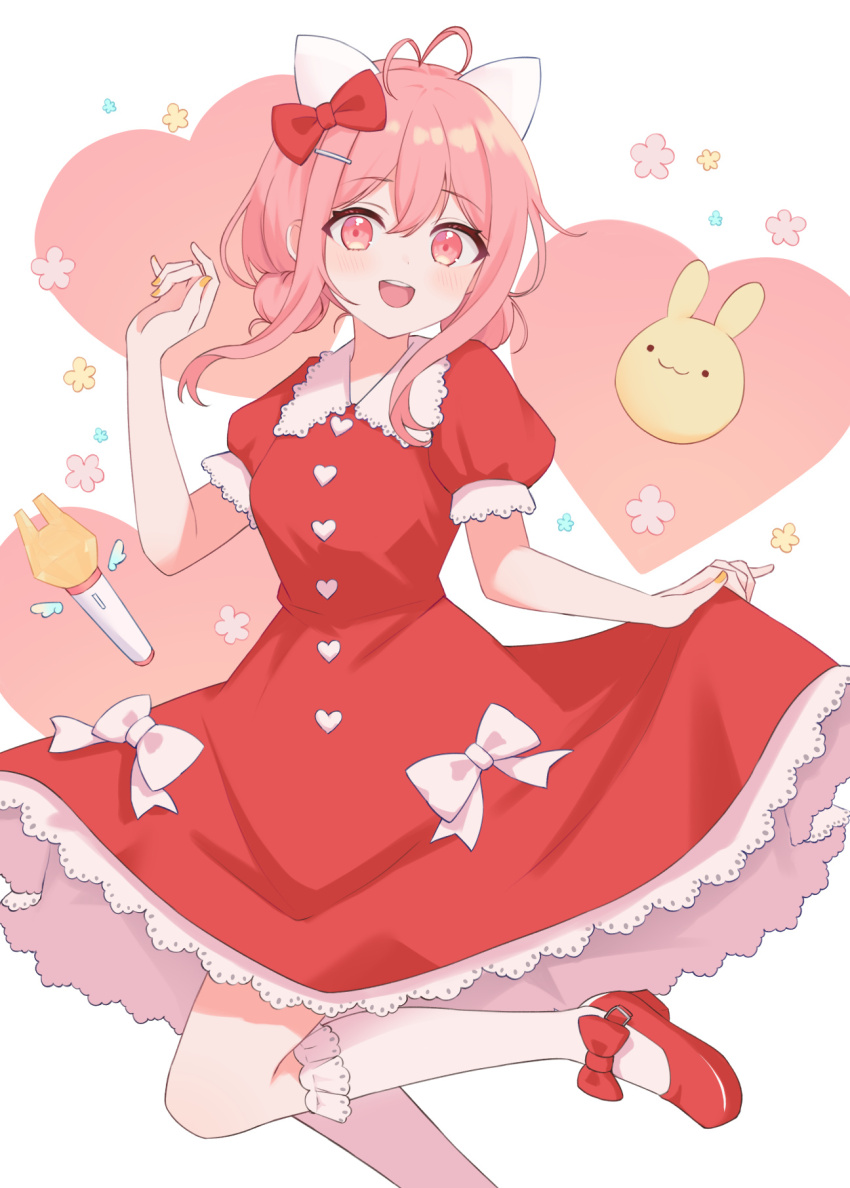 1girl ahoge animal_ears antenna_hair arm_up bow buttons cat_ears commission double_bun dress fake_animal_ears foot_out_of_frame footwear_bow frilled_dress frilled_socks frills furutori hair_bow hair_bun hair_ornament hairclip heart heart_ahoge heart_background heart_button highres kneehighs looking_at_viewer mary_janes medium_hair open_mouth original pink_eyes pink_hair red_bow red_dress red_shoes shoes short_sleeves sidelocks skeb_commission skirt_hold smile socks solo standing standing_on_one_leg teeth upper_teeth_only white_background white_bow white_socks yellow_nails