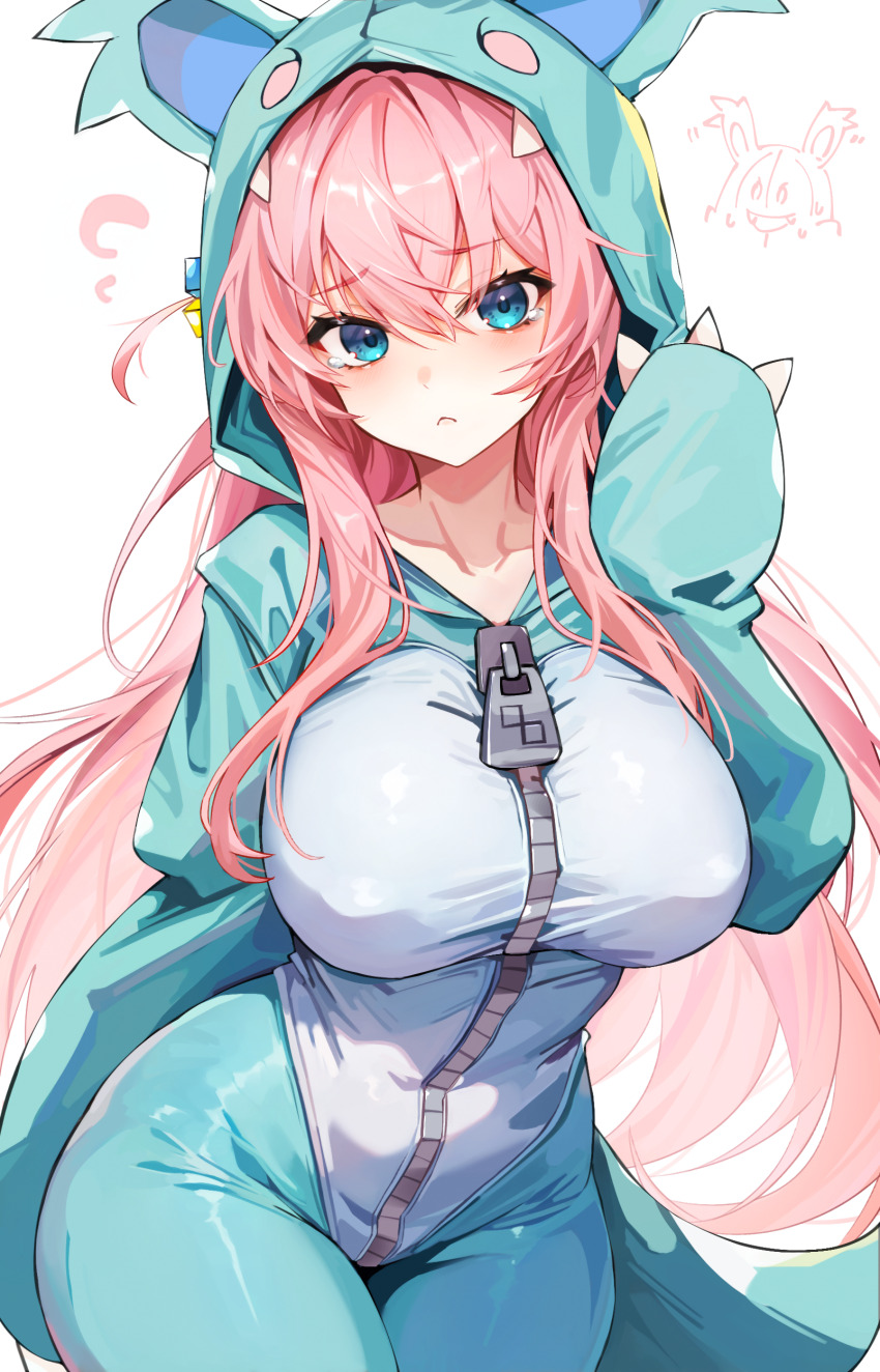1girl :c absurdres blue_eyes blush bocchi_the_rock! breasts chen_ying_(alan-yut) closed_mouth collarbone cosplay cube_hair_ornament flying_sweatdrops gotoh_hitori hair_between_eyes hair_ornament highres kigurumi large_breasts long_hair looking_at_viewer one_side_up pink_hair pokemon_horizons solo tearing_up thighs white_background zipper zipper_pull_tab