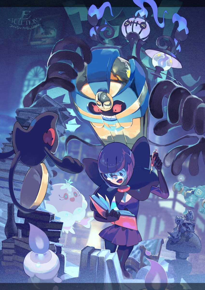 &gt;_&lt; 1girl :d absurdres artist_name book chandelure cofagrigus e_volution froslass gen_4_pokemon gen_5_pokemon glasses gloves golurk highres holding holding_book holding_pen jellicent jellicent_(female) lampent litwick looking_down nintendo open_mouth pantyhose pen pleated_skirt pokemon pokemon_(creature) pokemon_bw purple_hair scarf shauntal_(pokemon) short_hair skirt smile yamask