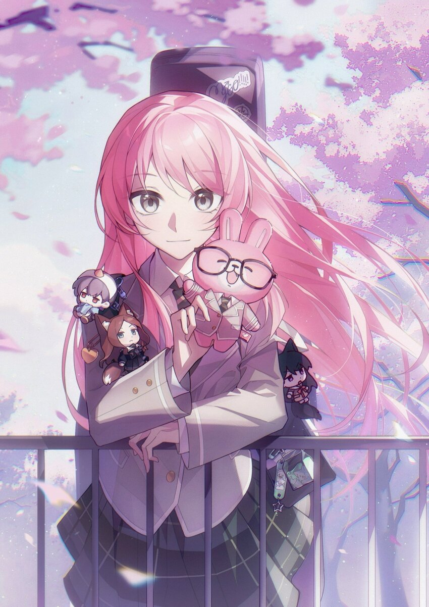 1girl bang_dream! bang_dream!_it&#039;s_mygo!!!!! character_doll cherry_blossoms chihaya_anon closed_mouth commentary diagonal-striped_clothes diagonal-striped_necktie green_necktie green_skirt grey_eyes grey_jacket guitar_case haneoka_school_uniform hashtag-only_commentary highres instrument_case instrument_on_back jacket kaname_raana long_hair long_sleeves mygo!!!!!_(bang_dream!) mygo!!!!!_logo_(bang_dream!) nagasaki_soyo necktie pink_hair plaid_clothes plaid_skirt pleated_skirt raana_the_cat railing school_uniform shiina_taki skirt solo striped_clothes stuffed_animal stuffed_rabbit stuffed_toy takamatsu_tomori tomatoo7 tsukinomori_school_uniform
