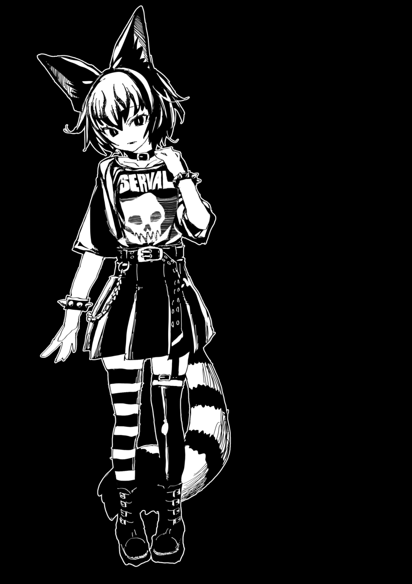 1girl absurdres alternate_costume animal_collar animal_ears arairestaurant arm_at_side asymmetrical_legwear belt black_background black_serval_(kemono_friends) boots bracelet cat_ears cat_girl cat_tail collar flat_color full_body garter_straps hair_between_eyes hand_up head_tilt high_contrast highres jewelry kemono_friends kemono_friends_3 medium_hair miniskirt monochrome outstretched_hand over-kneehighs parted_lips shirt shirt_tucked_in simple_background single_over-kneehigh single_thighhigh skirt solo spiked_bracelet spikes striped_tail tail thigh_belt thigh_strap thighhighs zettai_ryouiki