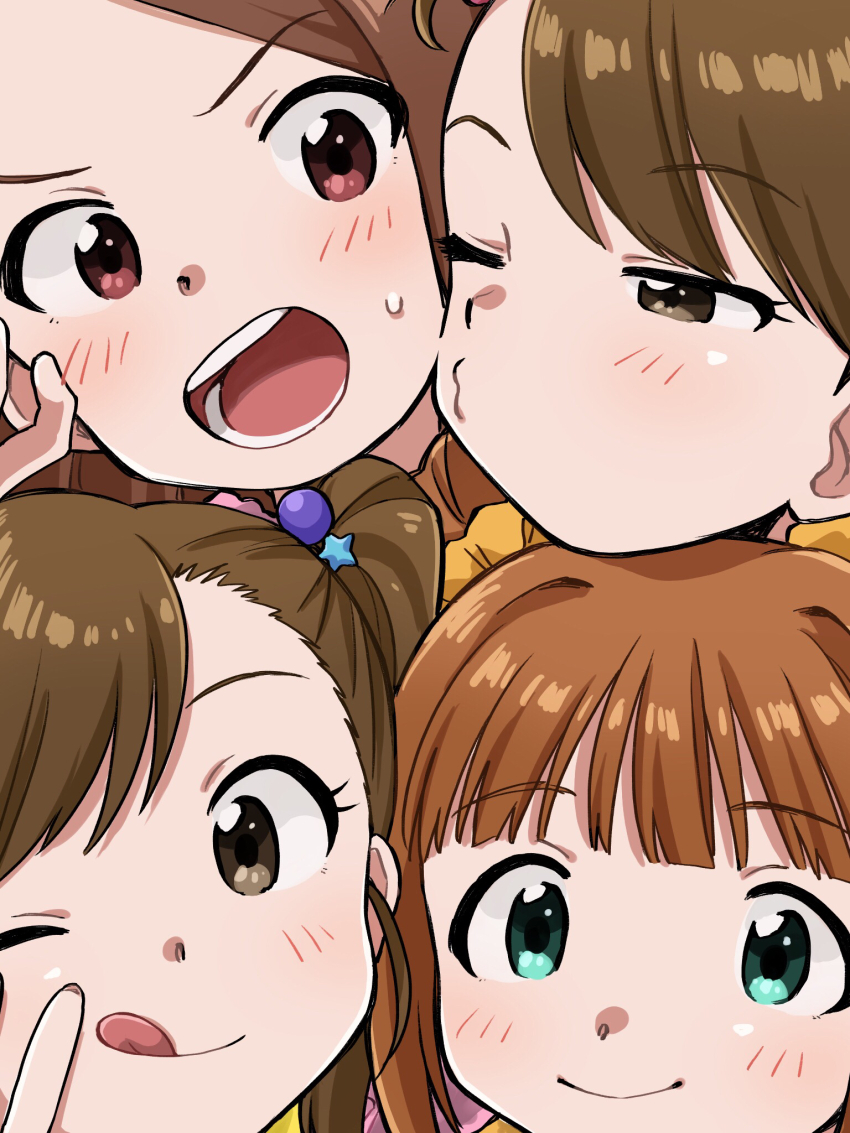 4girls ;q aqua_eyes brown_eyes brown_hair close-up closed_mouth commentary_request futami_ami futami_mami hair_bobbles hair_ornament hair_scrunchie highres idolmaster idolmaster_(classic) long_hair looking_at_another looking_at_viewer medium_hair minase_iori multiple_girls naruse_ill one_eye_closed open_mouth orange_scrunchie puckered_lips red_eyes scrunchie short_hair siblings side_ponytail sisters smile star_(symbol) star_hair_ornament sweat swept_bangs takatsuki_yayoi tongue tongue_out twins twintails