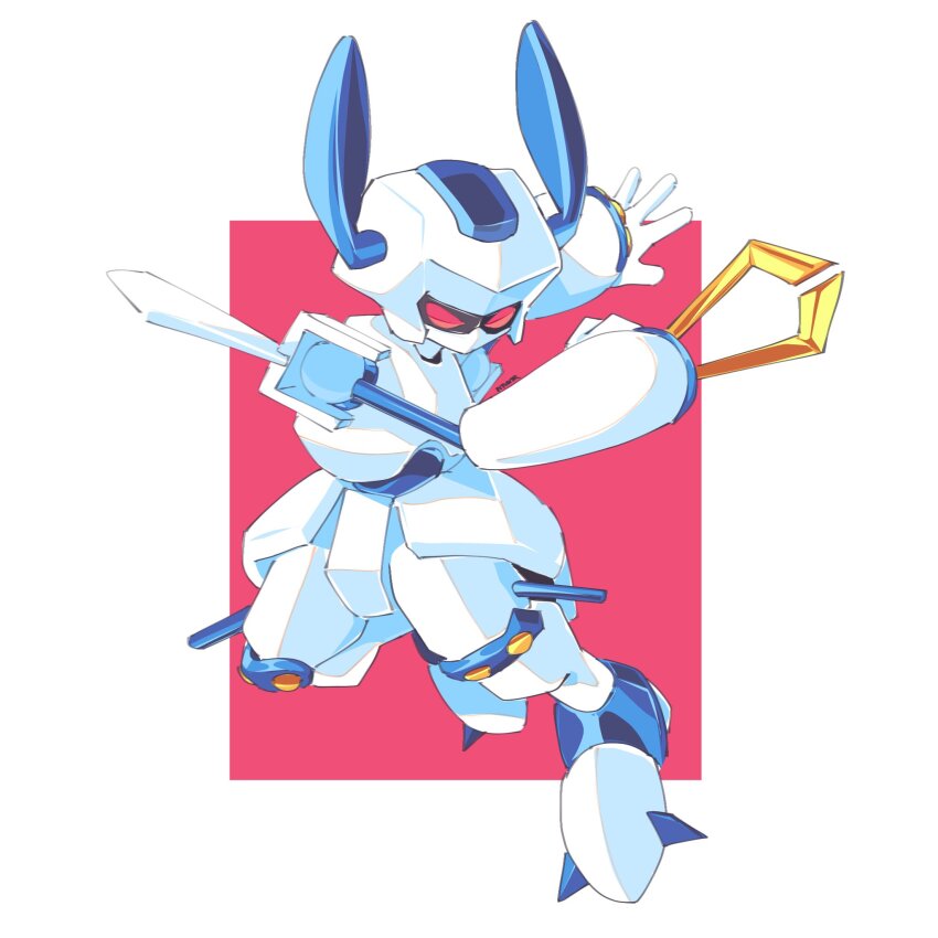 1boy arm_blade armor clenched_hand full_body helmet highres horns humanoid_robot male_focus medarot notaventura red_background red_eyes robot rokusho_(medarot) solo weapon white_armor white_background white_helmet