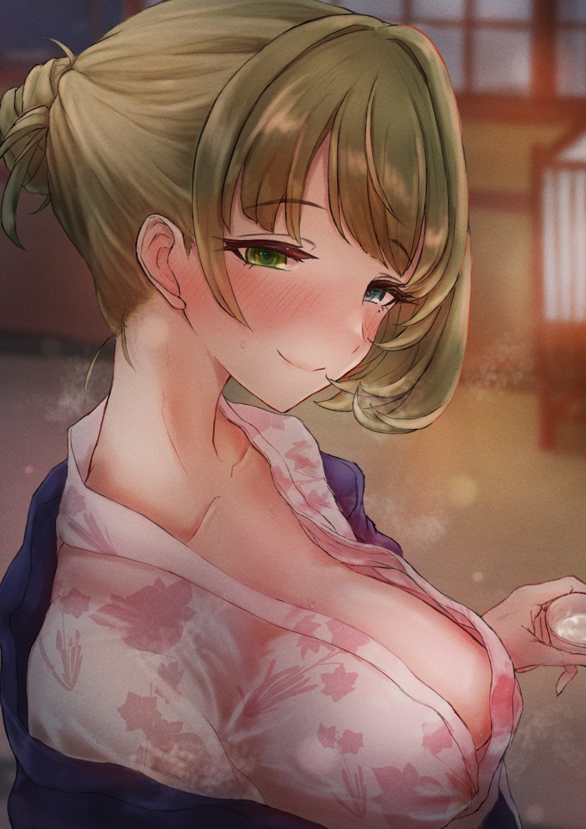 1girl absurdres alcohol blue_eyes blush breasts choko_(cup) closed_mouth cup green_eyes heterochromia highres idolmaster idolmaster_cinderella_girls idolmaster_cinderella_girls_starlight_stage inn japanese_clothes kimono lantern medium_breasts mole mole_under_eye sake short_hair smile solo takagaki_kaede torishu_(kumataka_4867)